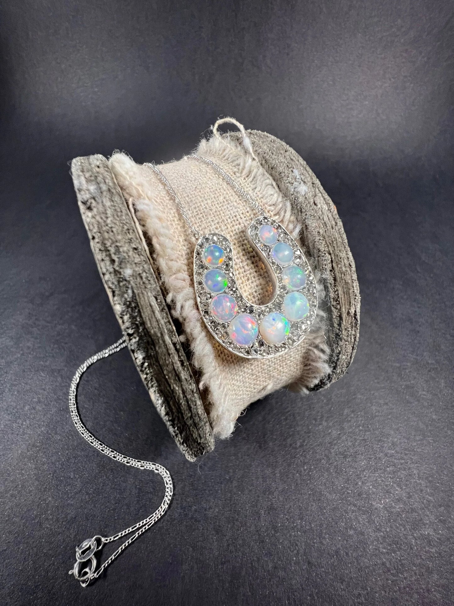 Victorian 18 Carat White Gold Opal and Diamond Lucky Horseshoe Pendant Necklace