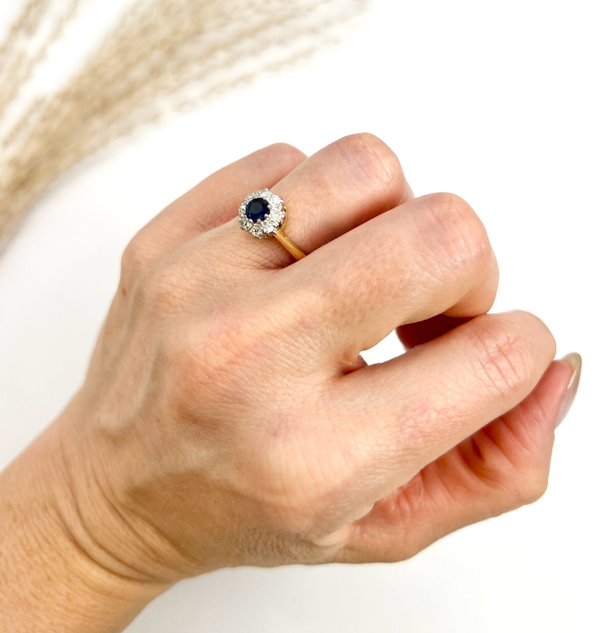 Vintage 18 ct Gold Stamped, 1960's Sapphire And Diamond Cluster Engagement Ring