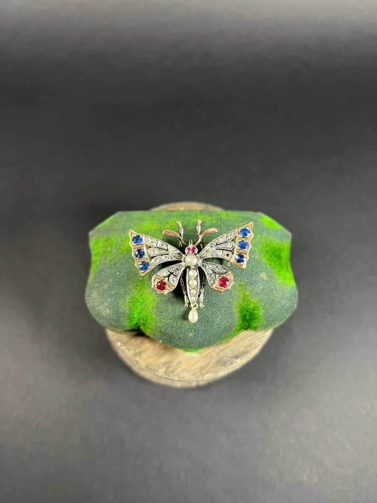 Antique Butterfly Brooch in 18 Carat Rose Gold And Silver With Gemstones