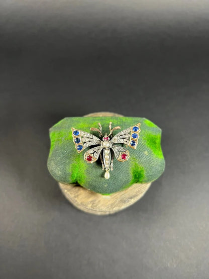 Antique Butterfly Brooch in 18 Carat Rose Gold And Silver With Gemstones