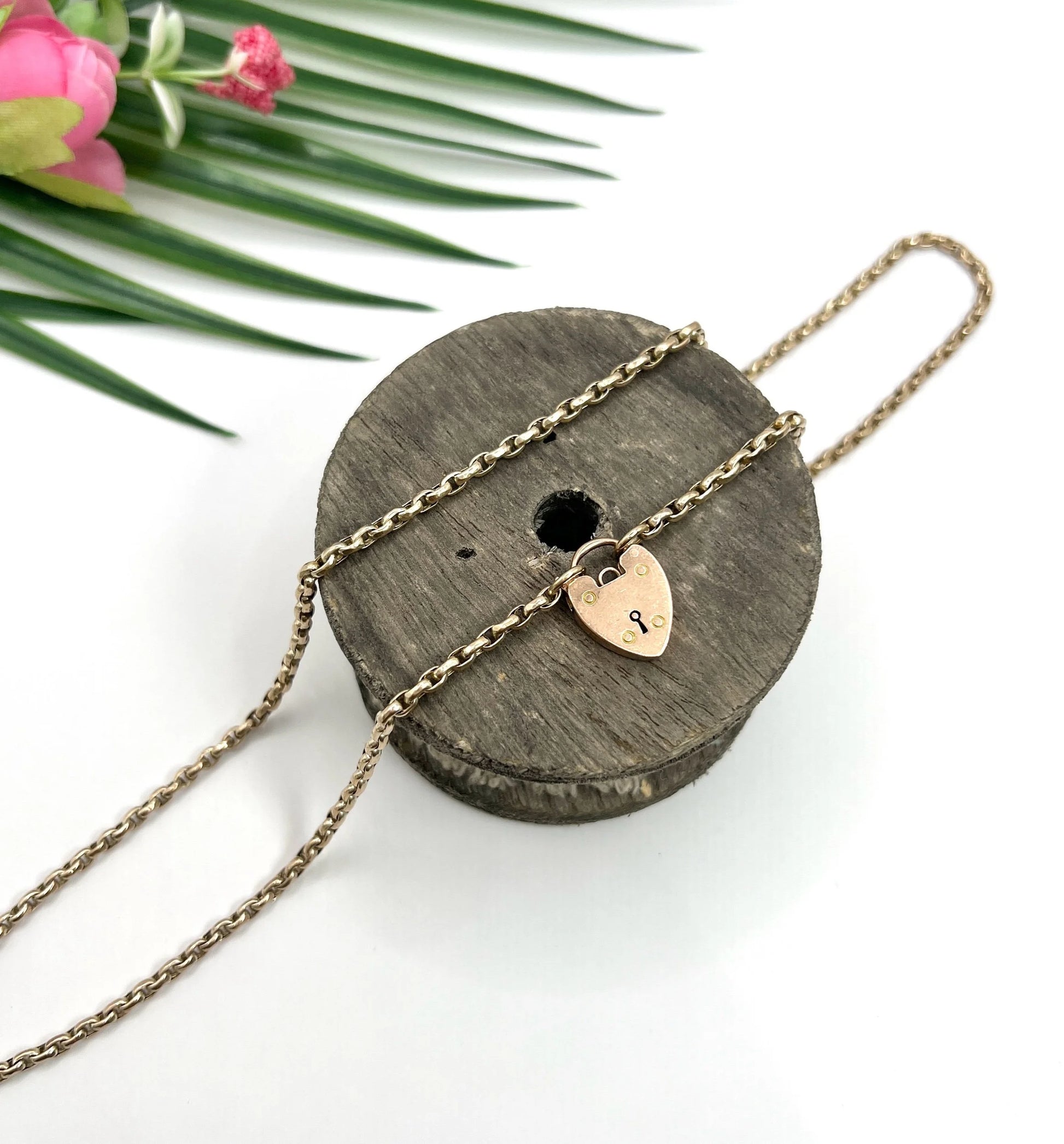 Antique 9 ct Rose Gold Oval Faceted Belcher Link Chain With Heart Padlock Clasp