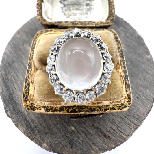 Victorian Antique Cabochon Moonstone and Diamond Cluster Ring