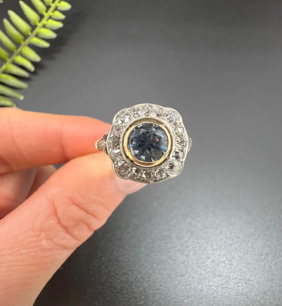 Antique Aquamarine And Diamond Cluster Ring In 18 Carat Yellow Gold And Platinum