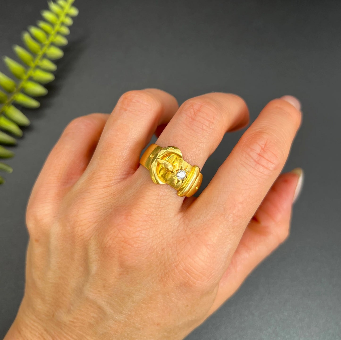 Antique 18 Carat Yellow Gold Star Set Diamond Buckle Ring, Hallmarked London 1915