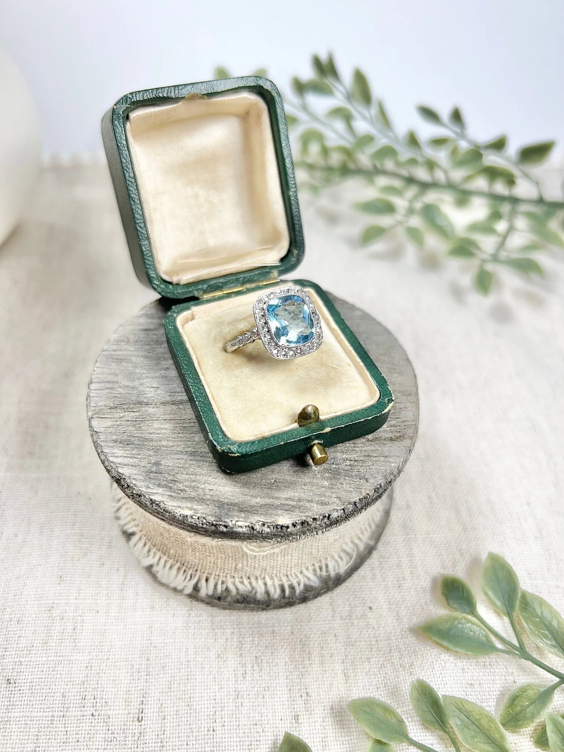 Vintage Platinum 1940s Aquamarine & Diamond Halo Cluster Dress Ring