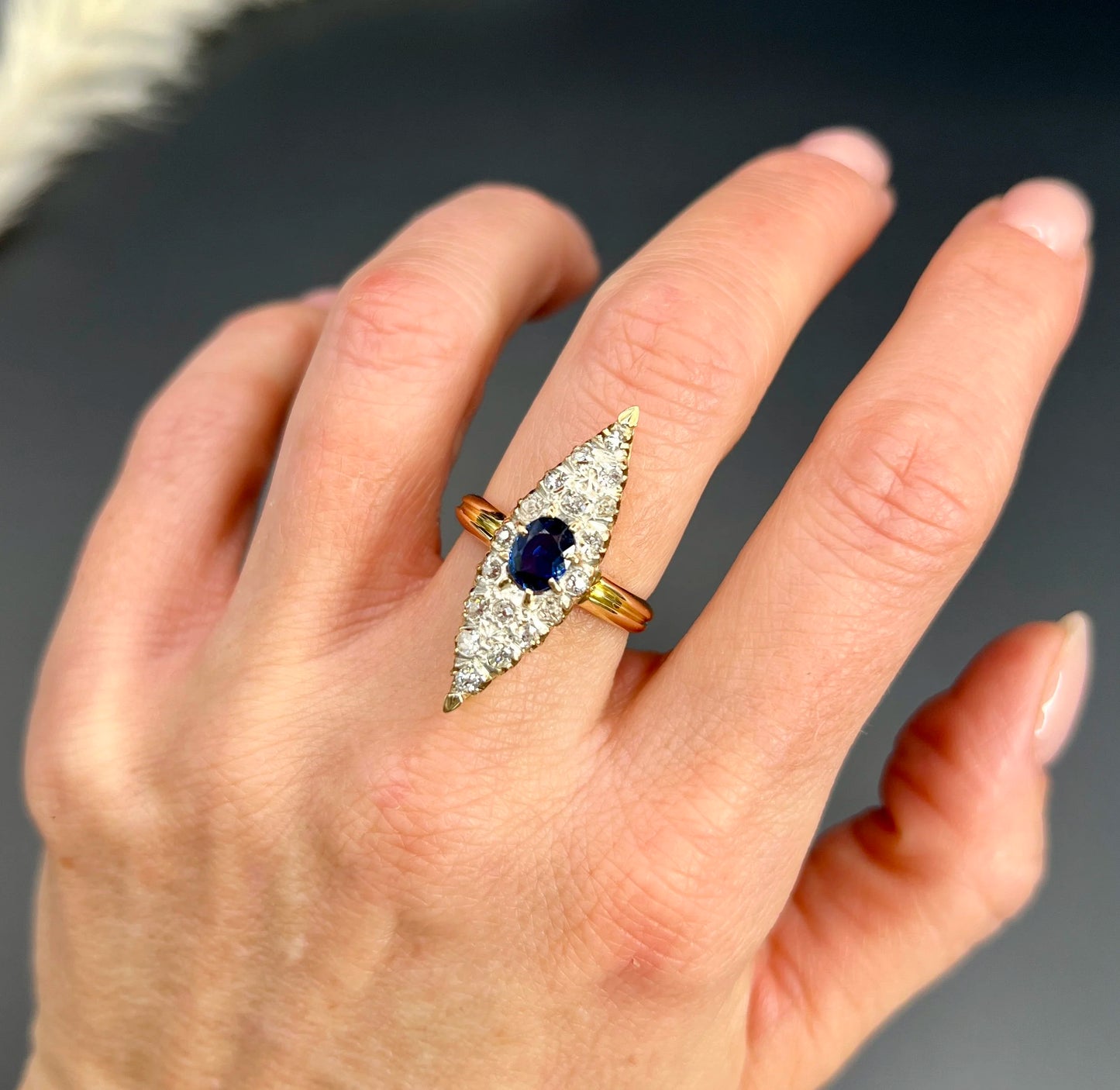 Antique 9 ct Yellow Gold, Victorian Sapphire And Diamond Marquise Navette Shaped Ring