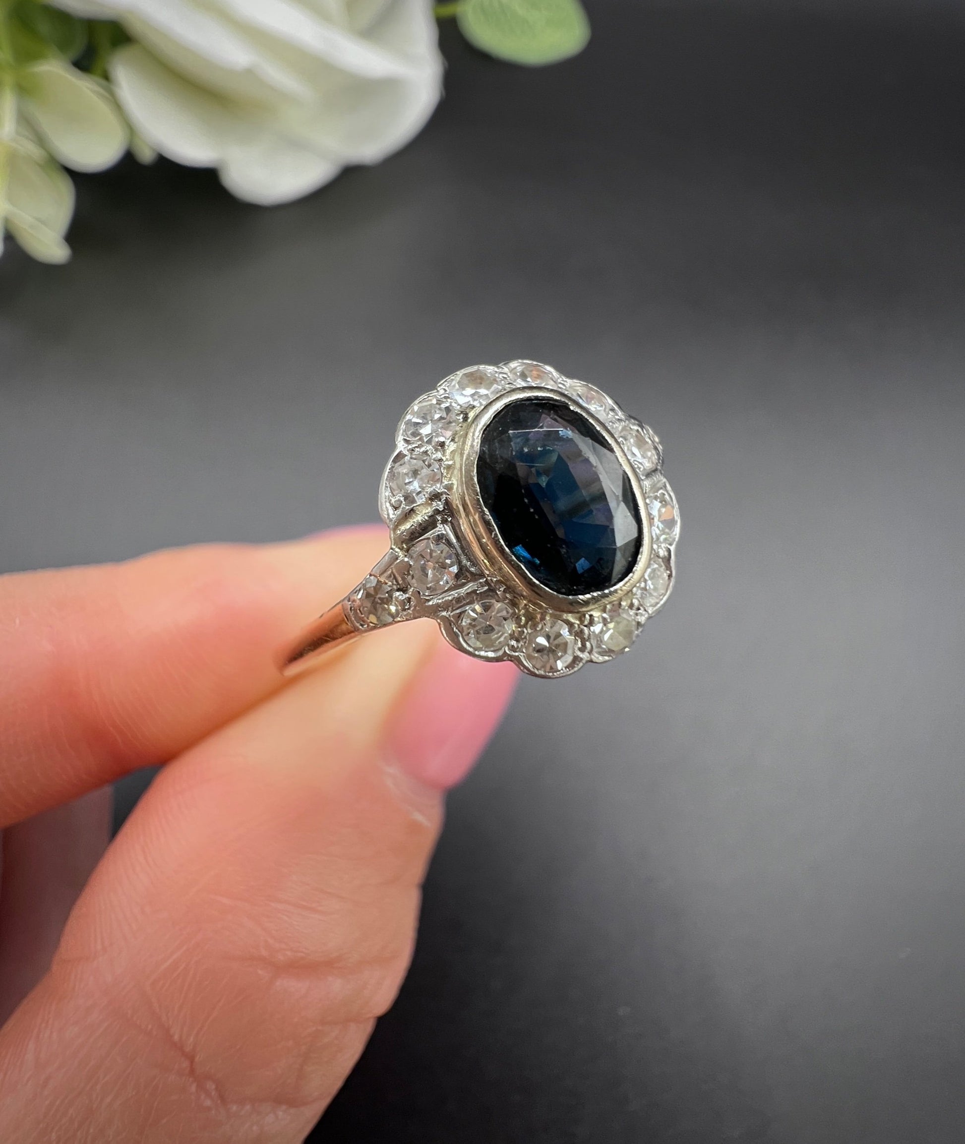 Antique 18ct Gold & Platinum, 1920s Sapphire and Diamond Oval Cluster Ring