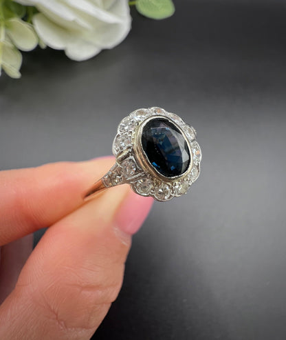 Antique 18ct Gold & Platinum, 1920s Sapphire and Diamond Oval Cluster Ring