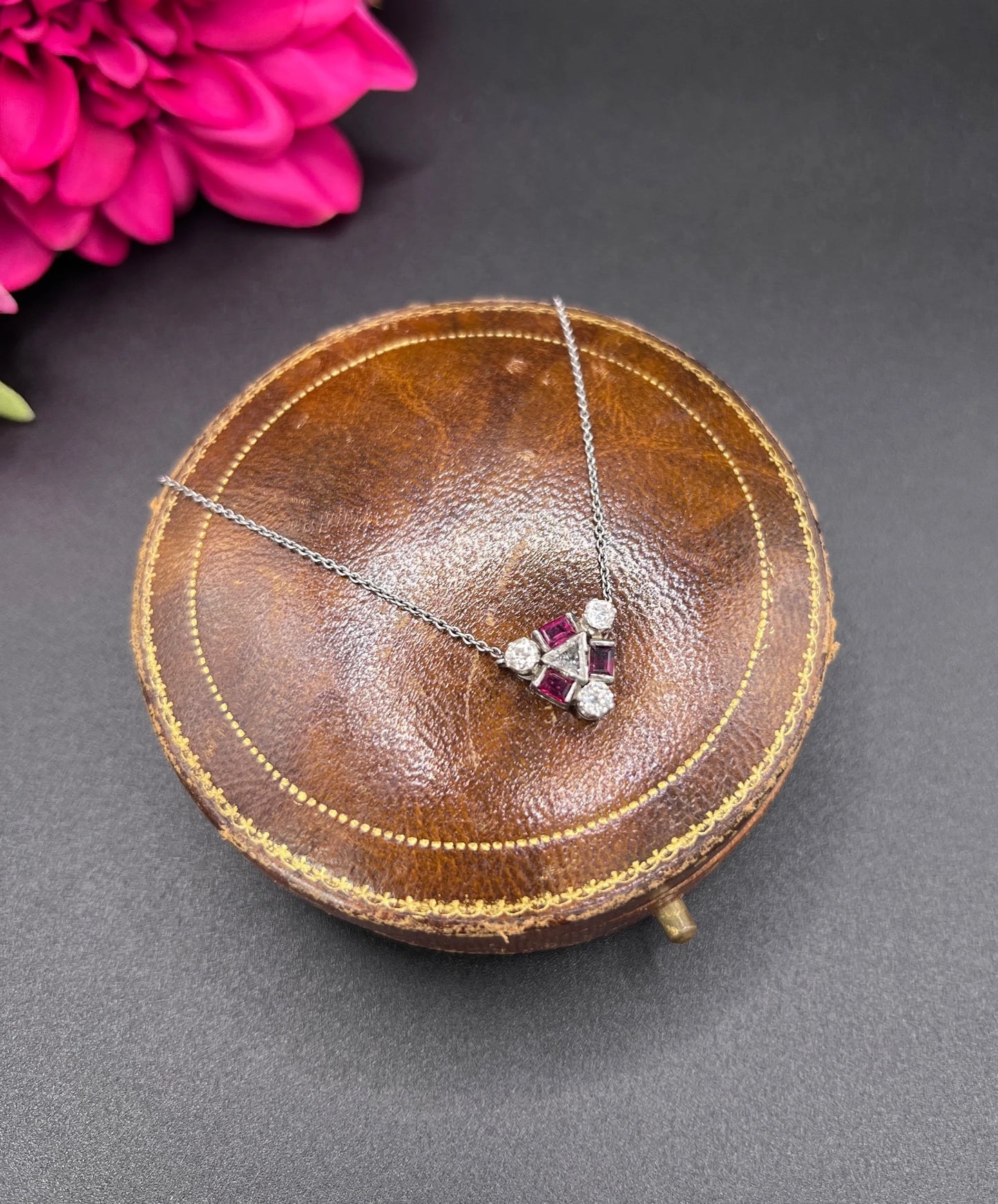 Vintage 18ct White Gold, 1930s Ruby & Diamond Pendant Necklace