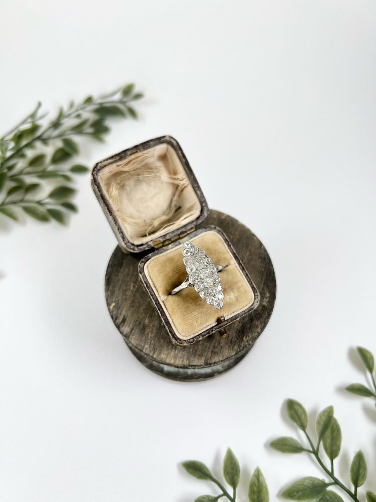 Antique Edwardian Diamond Navette Statement Ring in 18ct White Gold