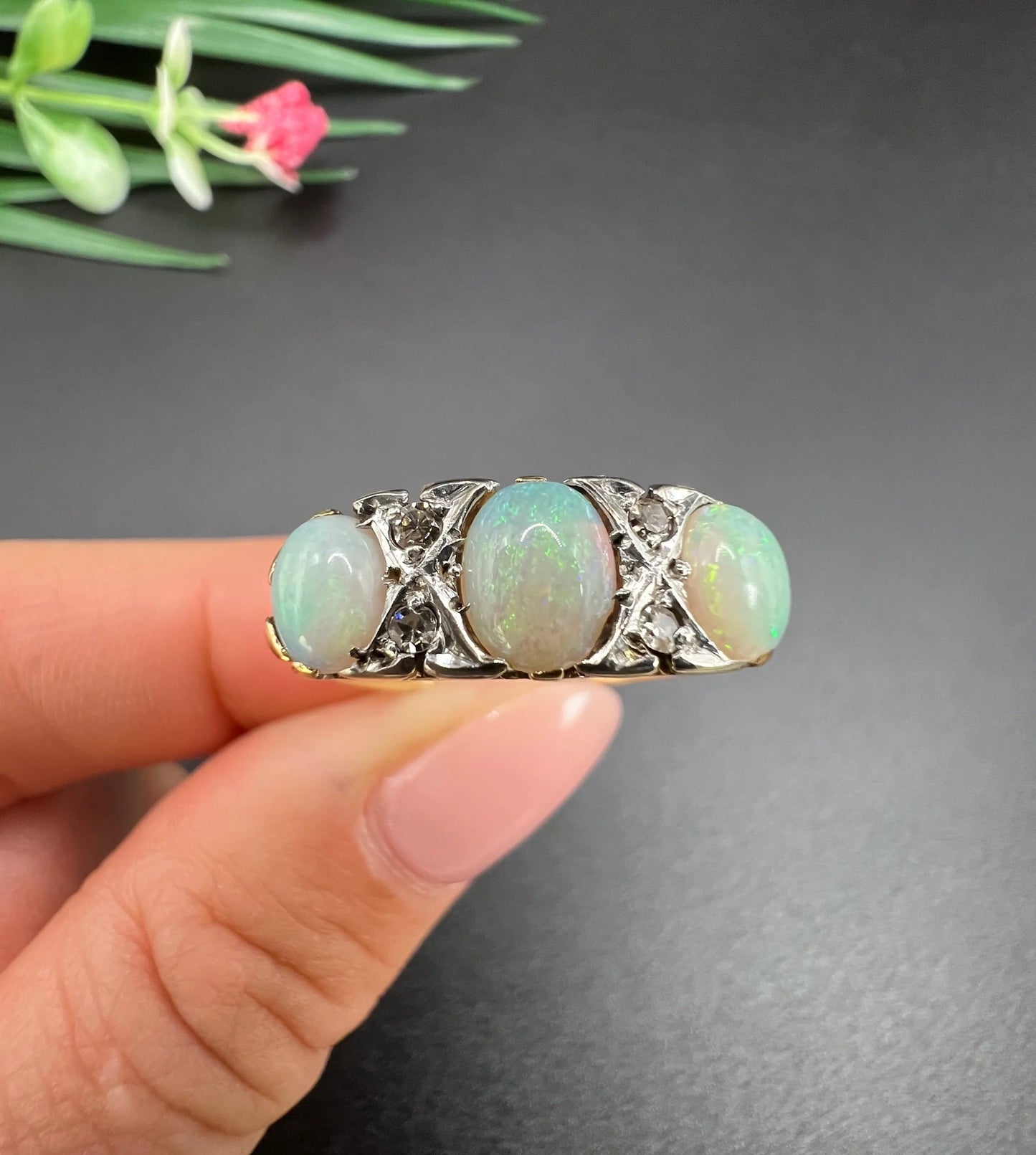 Antique 18 Carat Yellow Gold and Platinum Opal and Diamond Seven Stone Ring, Circa 1910