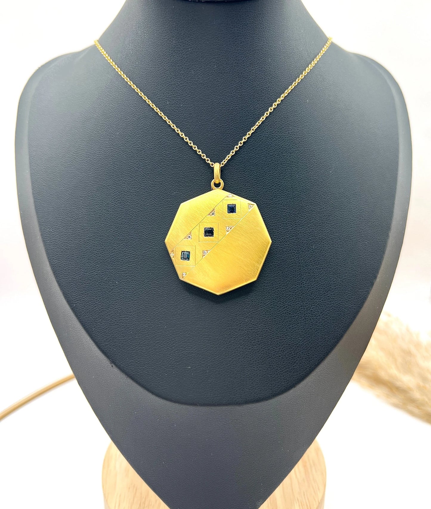 Vintage 15 Carat Yellow Gold Octagonal Shaped Sapphire and Diamond Locket, Circa 1930