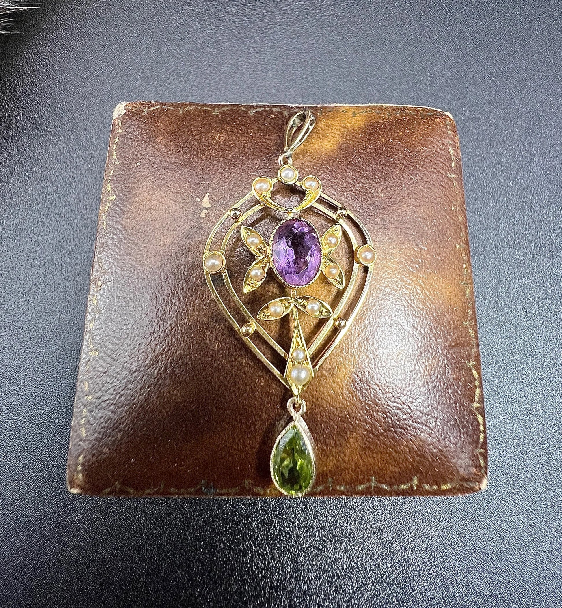 Antique 15 ct Gold Authentic Edwardian Suffragette Pendant set with Amethyst, Peridot And Seed Pearls