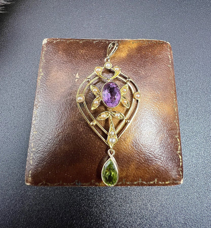 Antique 15 ct Gold Authentic Edwardian Suffragette Pendant set with Amethyst, Peridot And Seed Pearls