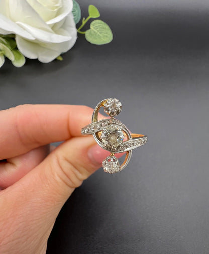 Antique 18 ct Gold And Platinum, 3 Stone Diamond Belle Époque Ring