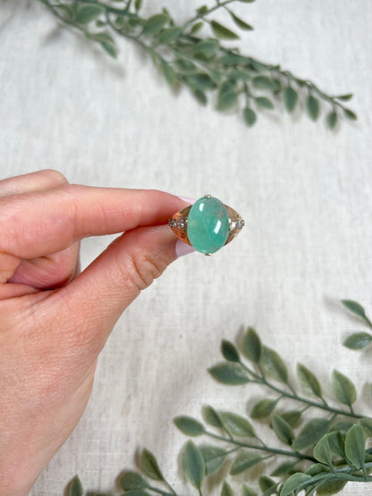 Vintage 14 Carat Rose Gold Cabochon Emerald and Diamond Ring, Circa 1960