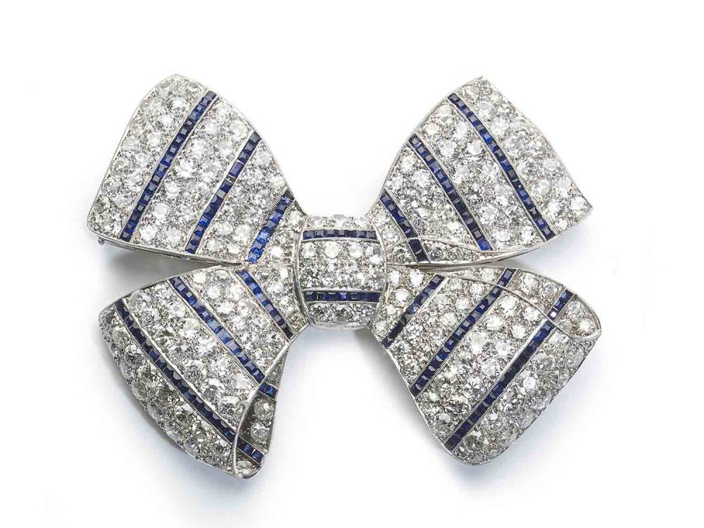 Art Deco Sapphire Diamond Platinum Bow Brooch