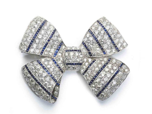 Art Deco Sapphire Diamond Platinum Bow Brooch