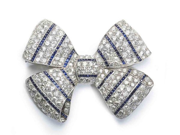 Art Deco Sapphire Diamond Platinum Bow Brooch