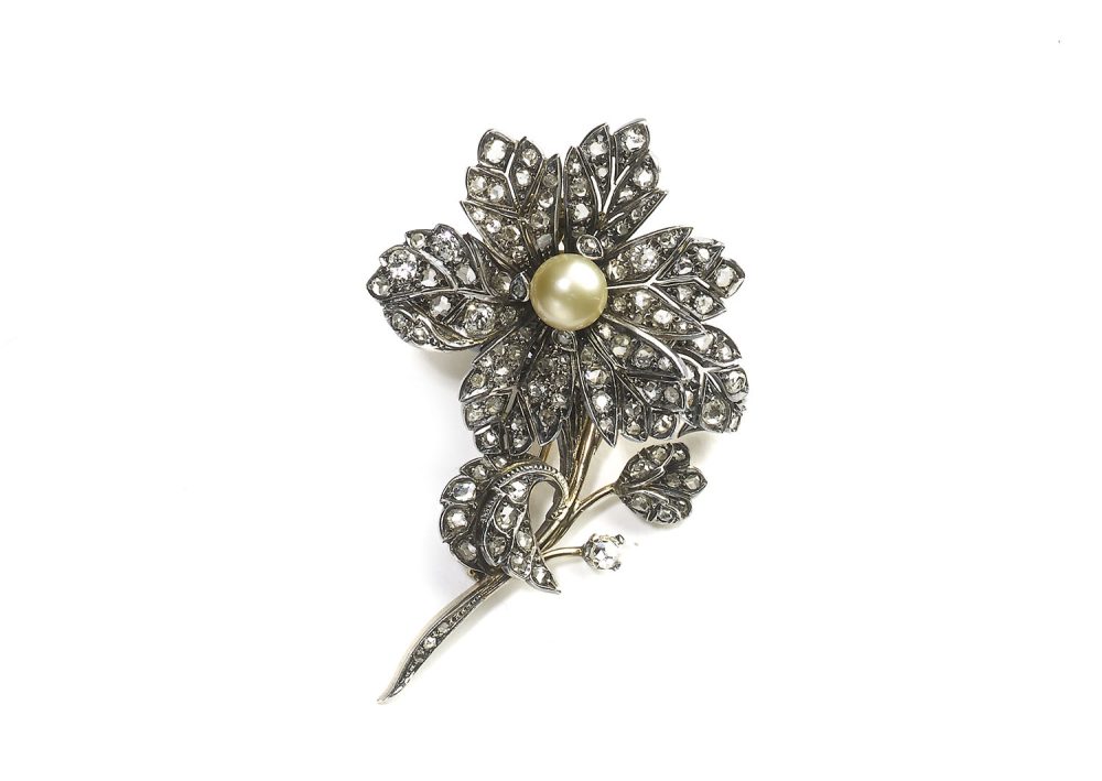 Antique Late Victorian Diamond Silver Gold En-Tremblant Flower Brooch