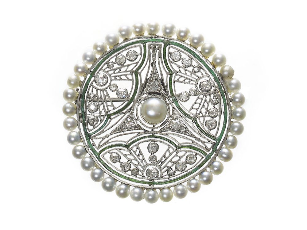 Antique Edwardian Basset & Moreau Pearl Diamond and Enamel Brooch