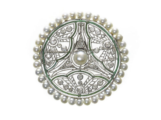 Antique Edwardian Basset & Moreau Pearl Diamond and Enamel Brooch