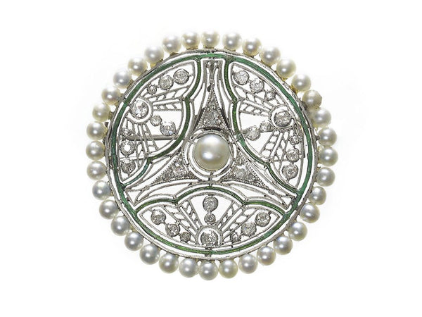 Antique Edwardian Basset & Moreau Pearl Diamond and Enamel Brooch