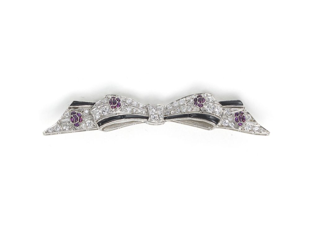 20th Century Diamond, Ruby and Black Onyx Bow Brooch