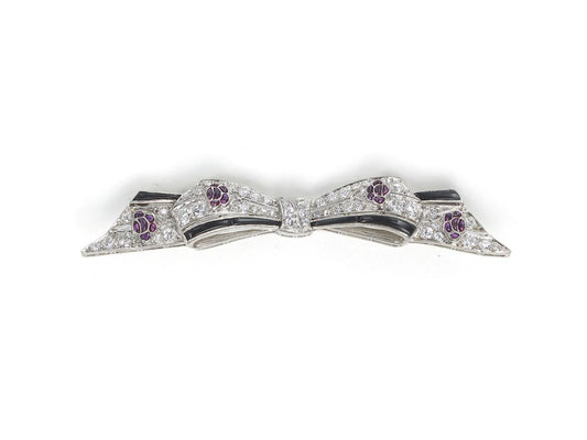 20th Century Diamond, Ruby and Black Onyx Bow Brooch
