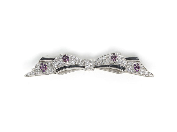 20th Century Diamond, Ruby and Black Onyx Bow Brooch