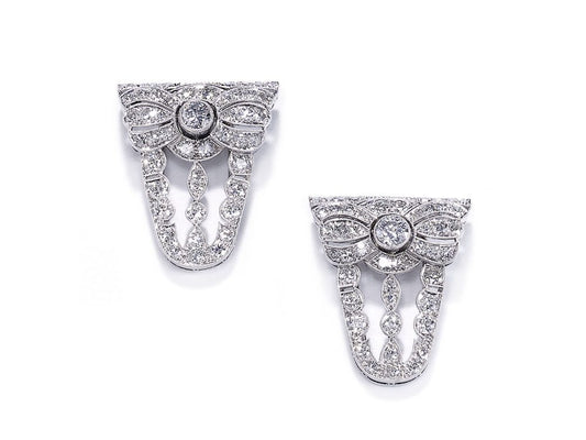 Antique Art Deco Diamond Platinum Double Clip Brooch