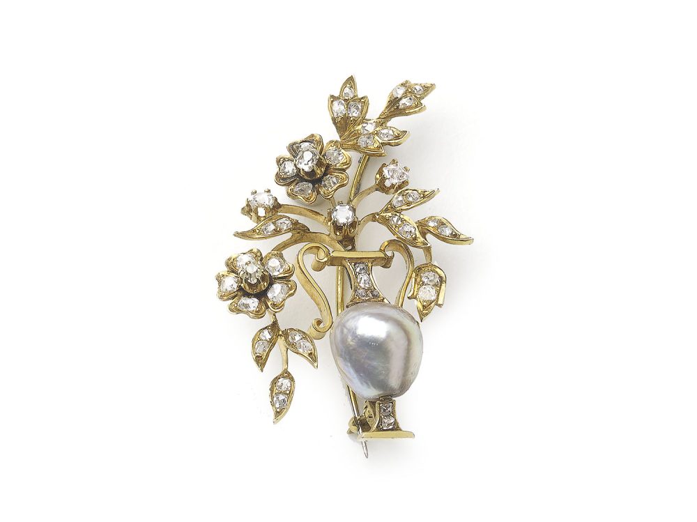 Pearl Diamond Gold Jardiniere Brooch