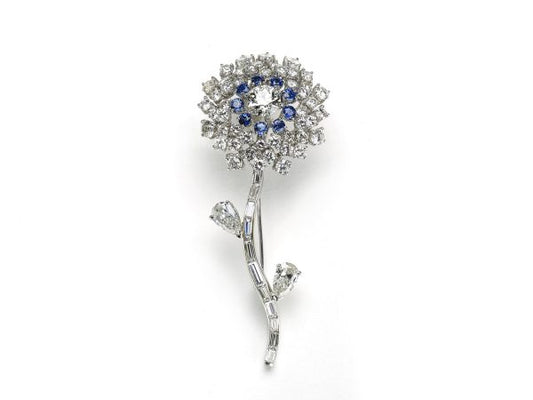 Vintage Diamond & Sapphire Flower Brooch