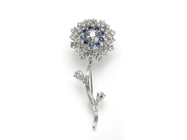 Vintage Diamond & Sapphire Flower Brooch