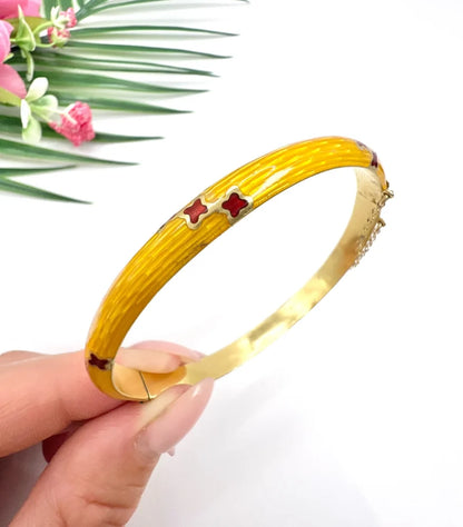 Art Deco Yellow Guilloche Enamel Bangle Bracelet