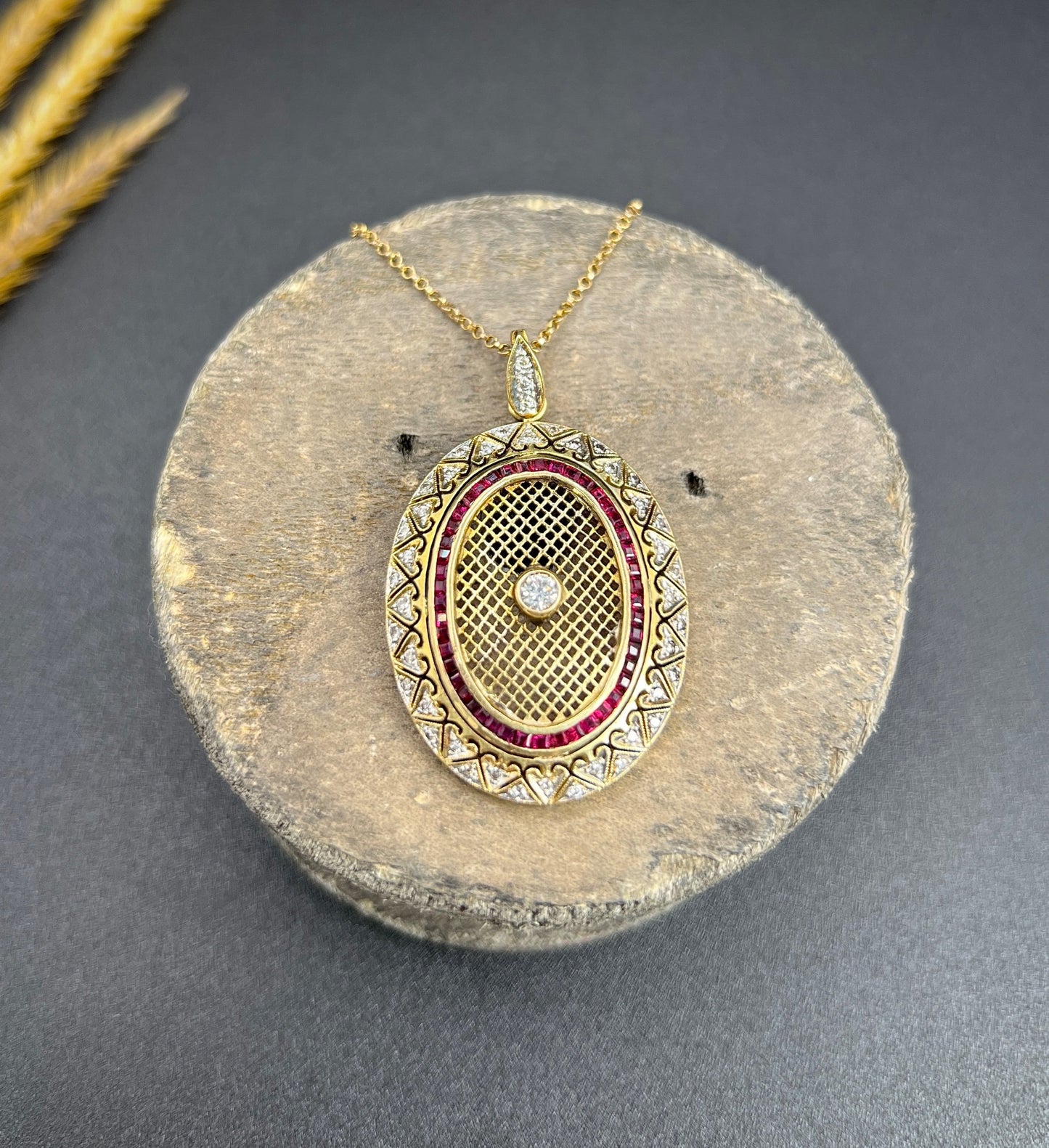 Vintage 18 Carat Gold Stamped Ruby And Diamond Oval Pendant