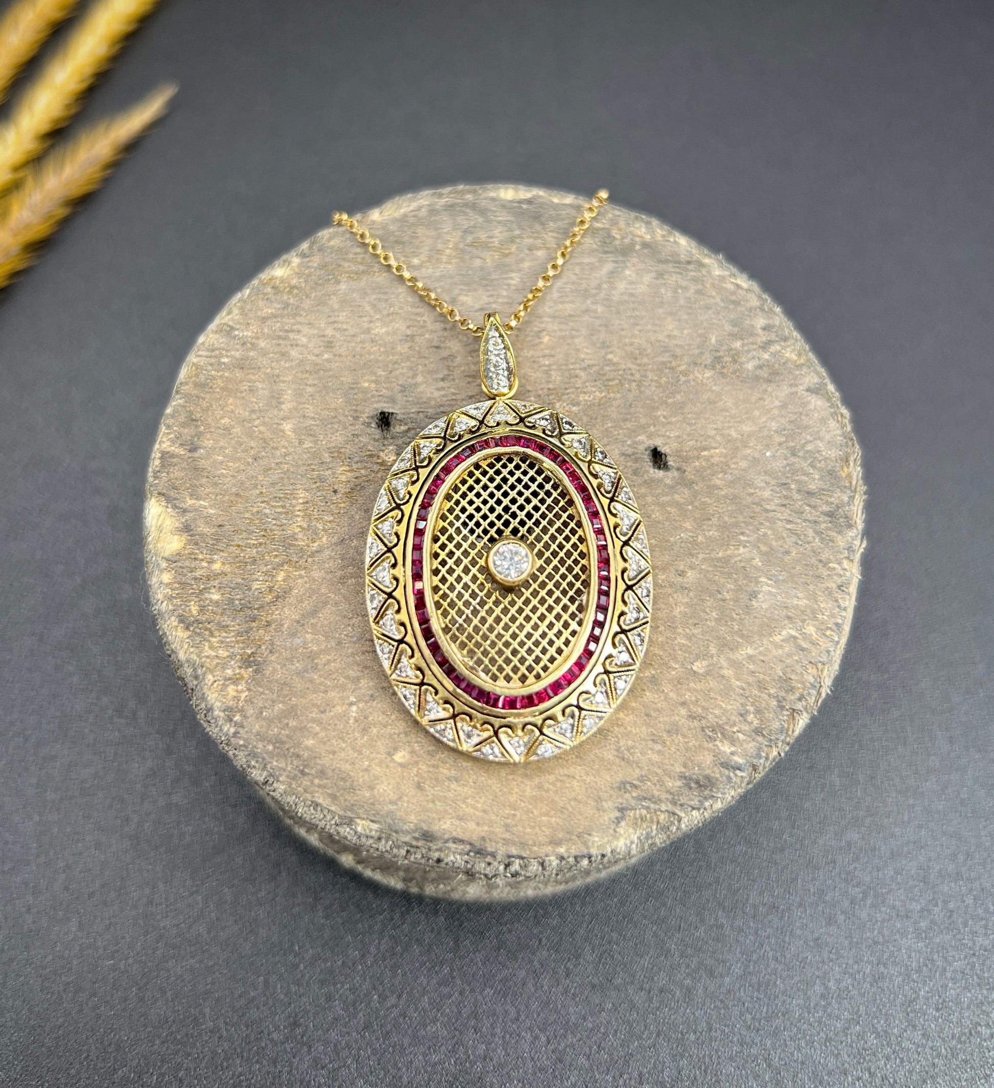 Vintage 18 Carat Gold Stamped Ruby And Diamond Oval Pendant