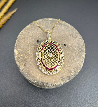 Vintage 18 Carat Gold Stamped Ruby And Diamond Oval Pendant