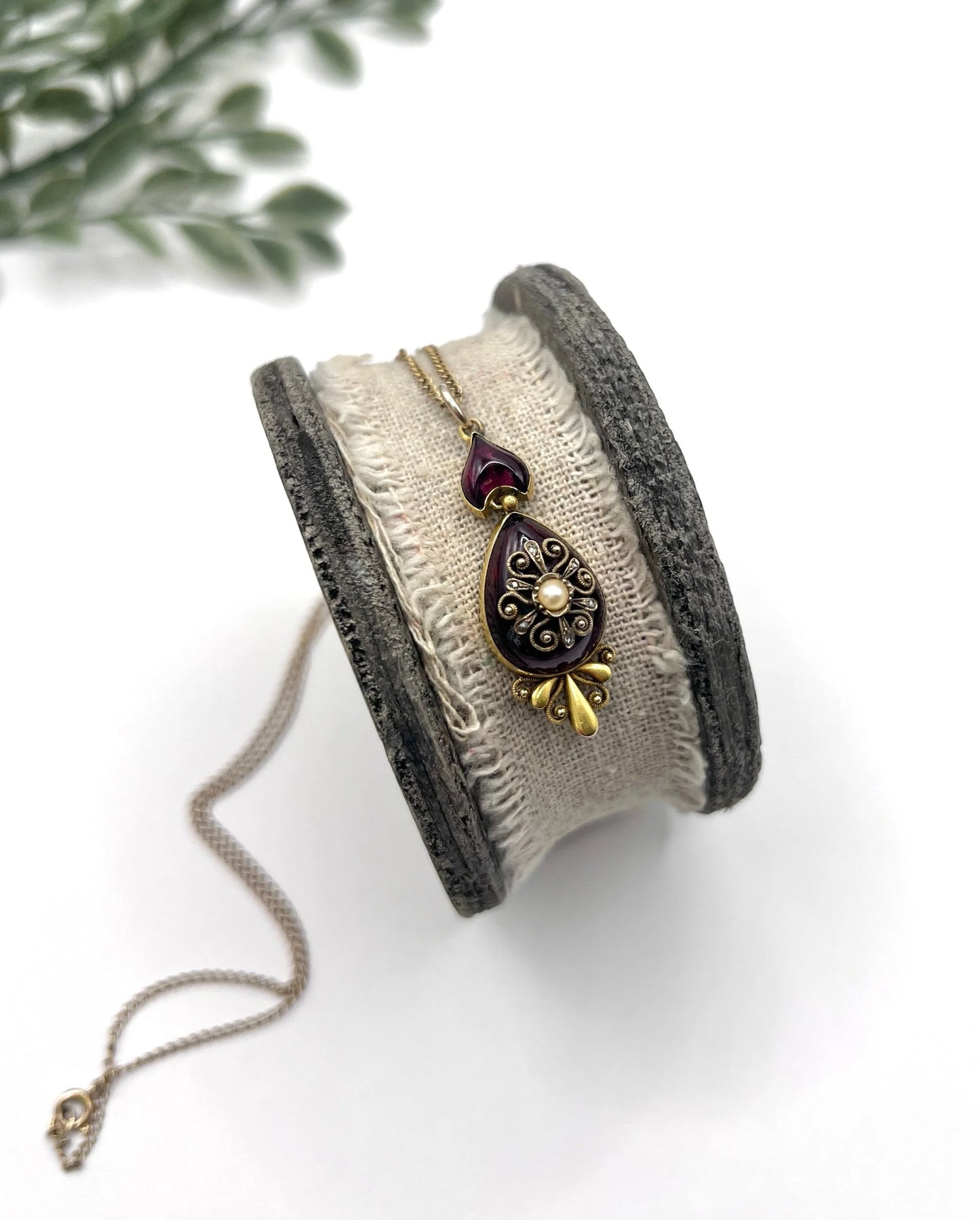 Victorian 15 Carat Gold Cabochon Garnet, Diamond and Seed Pearl Pendant, Circa 1860