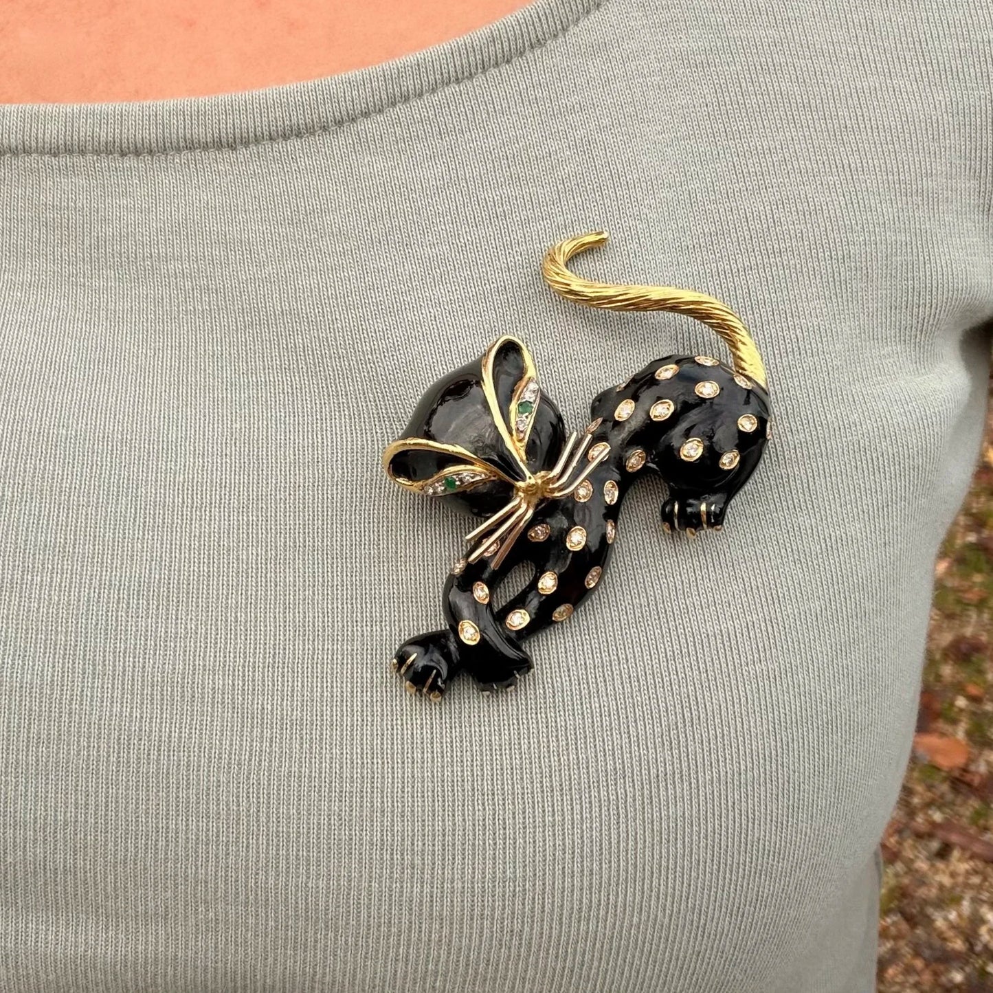 Kutchinsky 18ct Gold Diamond and Enamel Cat Brooch