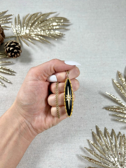 Victorian 15 Carat Yellow Gold Long Onyx Starburst Locket Pendant, Circa 1890