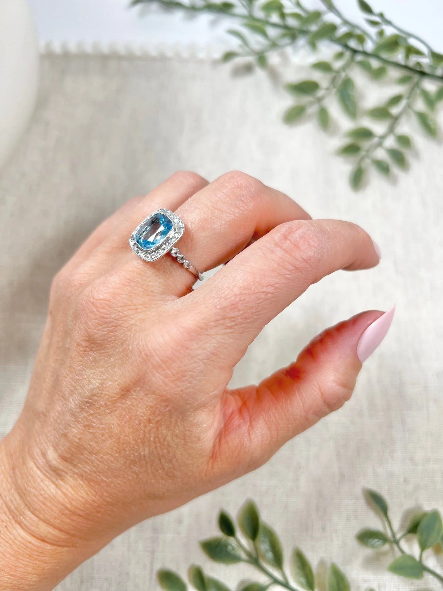 Vintage Platinum 1940s Aquamarine & Diamond Halo Cluster Dress Ring