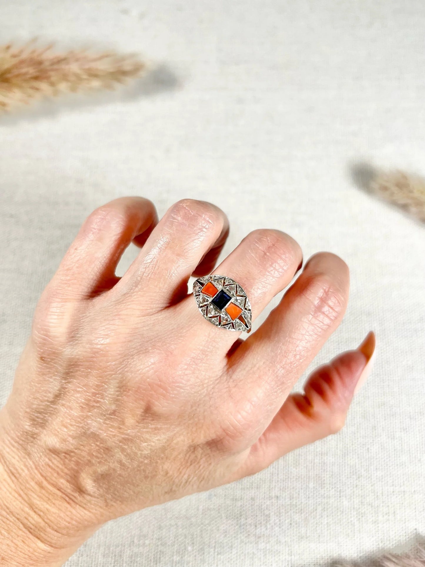 Antique 1920's Art Deco, 18 ct Gold And Platinum Sapphire, Coral And Diamond Dome Ring