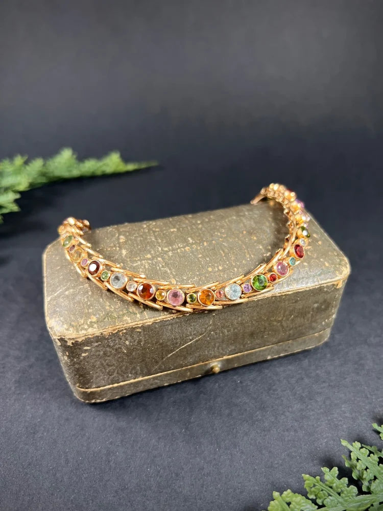 Vintage Aquamarine Peridot Citrine and Pink Tourmaline Harlequin Bracelet in 18ct Rose Gold