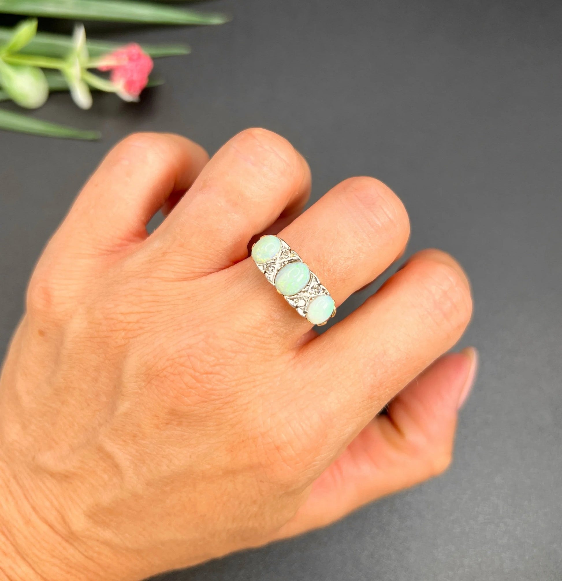 Antique 18 Carat Yellow Gold and Platinum Opal and Diamond Seven Stone Ring, Circa 1910