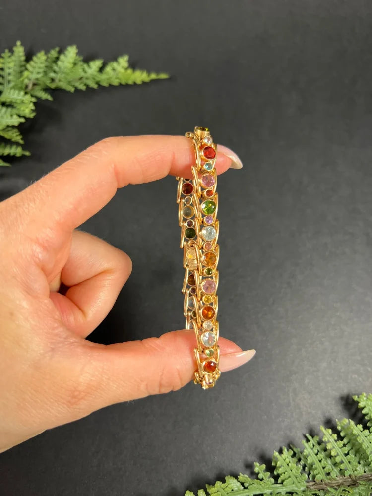 Vintage Aquamarine Peridot Citrine and Pink Tourmaline Harlequin Bracelet in 18ct Rose Gold