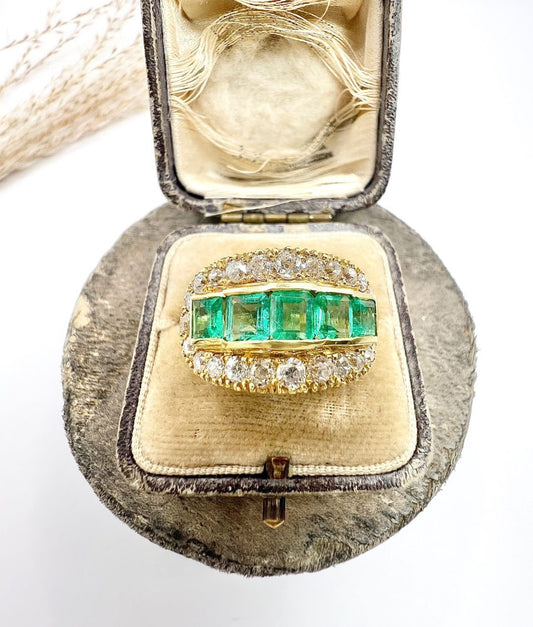 Vintage 1940s Emerald Five Stone Cluster Dress Ring in 18ct Yellow Gold, Five square step-cut emeralds framed top and bottom by a row of sparkling diamonds