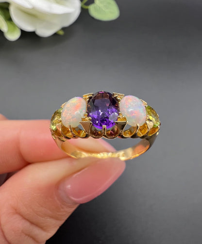 Antique 18 ct Gold, Amethyst, Opal And Peridot Suffragette Ring