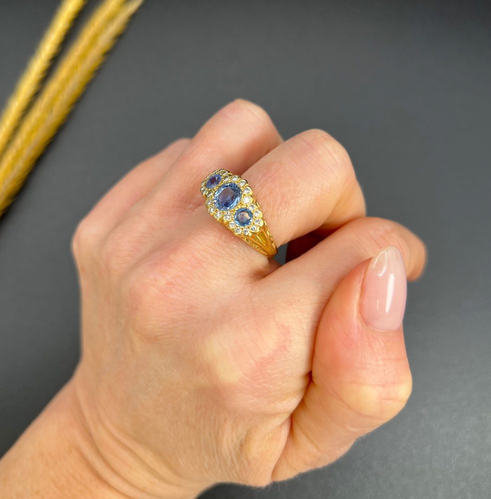 Sapphire And Diamond Triple Daisy Ring In 18 Carat Yellow Gold