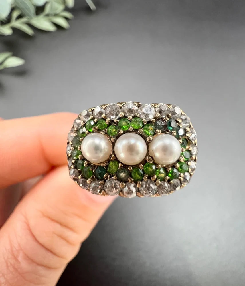 Antique Trilogy Cluster Ring In 18 Carat Yellow Gold With Gemstones